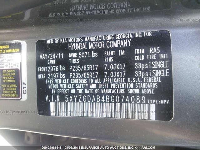 5XYZGDAB4BG074089 - 2011 HYUNDAI SANTA FE GLS GRAY photo 9