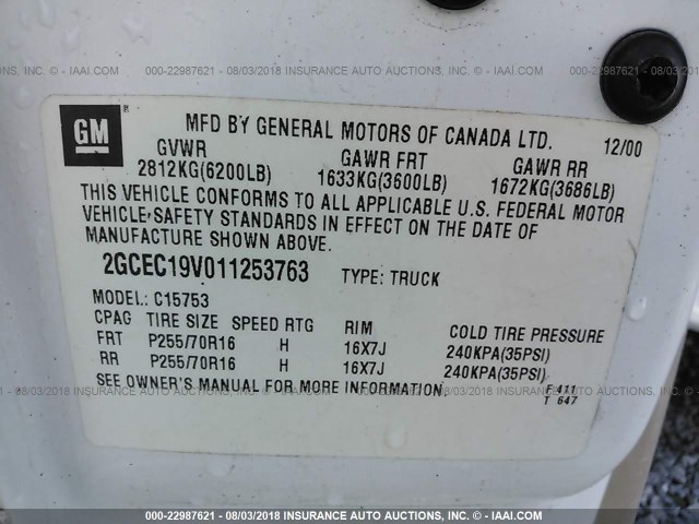 2GCEC19V011253763 - 2001 CHEVROLET SILVERADO C1500 WHITE photo 9