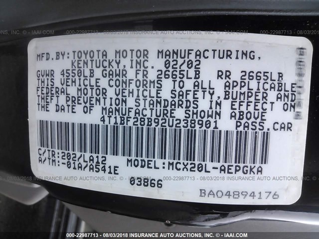 4T1BF28B92U238901 - 2002 TOYOTA AVALON XL/XLS BLACK photo 9