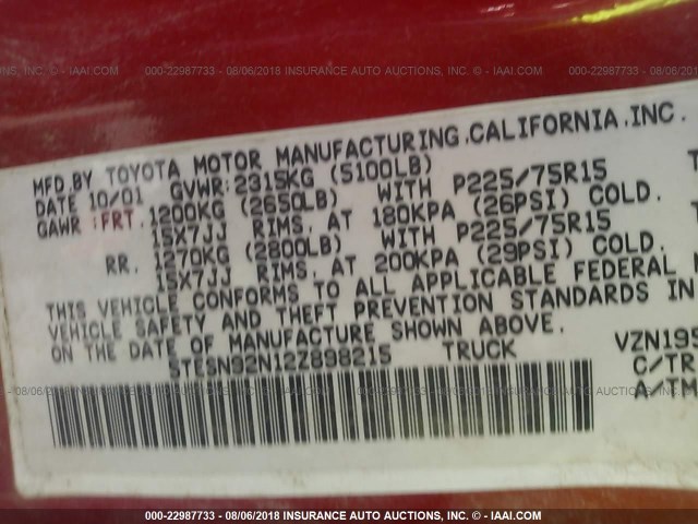 5TESN92N12Z898215 - 2002 TOYOTA TACOMA XTRACAB PRERUNNER წითელი ფოტო 9