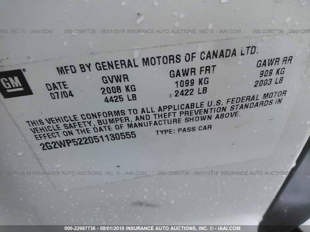 2G2WP522051130555 - 2005 PONTIAC GRAND PRIX WHITE photo 9