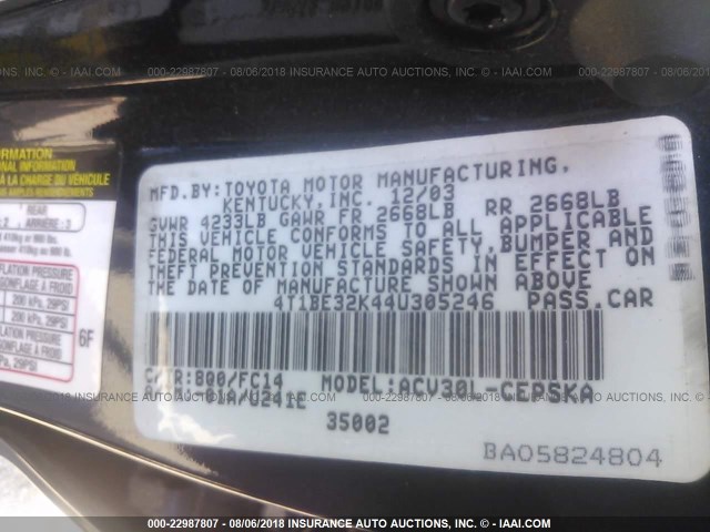 4T1BE32K44U305246 - 2004 TOYOTA CAMRY LE/XLE/SE Mavi foto 9