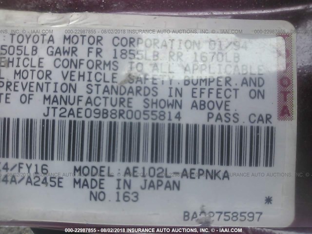 JT2AE09B8R0055814 - 1994 TOYOTA COROLLA LE/DX RED photo 9