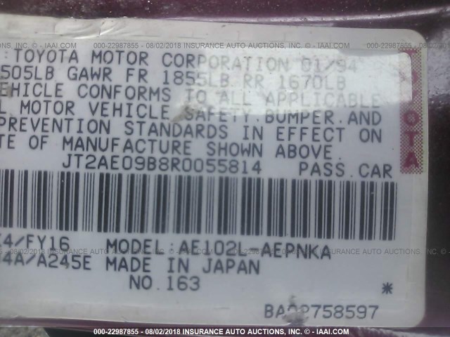 JT2AE09B8R0055814 - 1994 TOYOTA COROLLA LE/DX 红色 照片 9