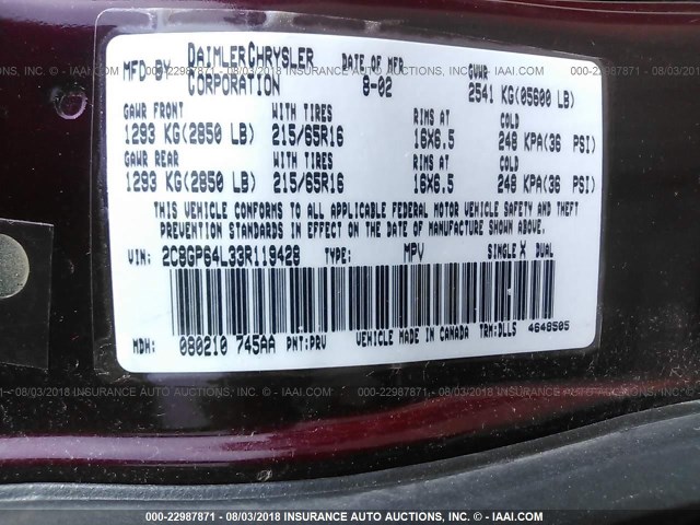 2C8GP64L33R119428 - 2003 CHRYSLER TOWN & COUNTRY LIMITED BURGUNDY photo 9