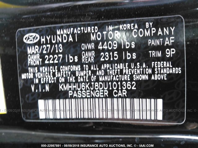 KMHHU6KJ8DU101362 - 2013 HYUNDAI GENESIS COUPE 3.8L BLACK photo 9