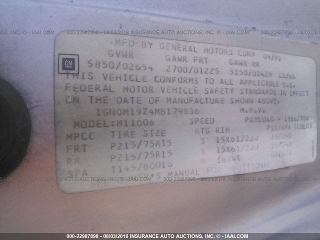 1GNDM19Z4MB179836 - 1991 CHEVROLET ASTRO BLUE photo 9