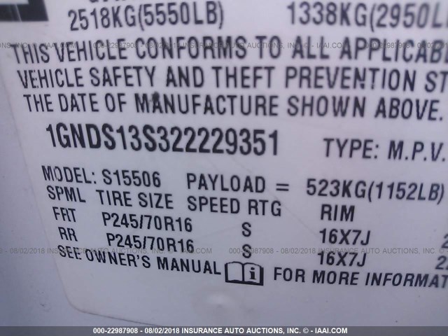 1GNDS13S322229351 - 2002 CHEVROLET TRAILBLAZER  WHITE photo 9