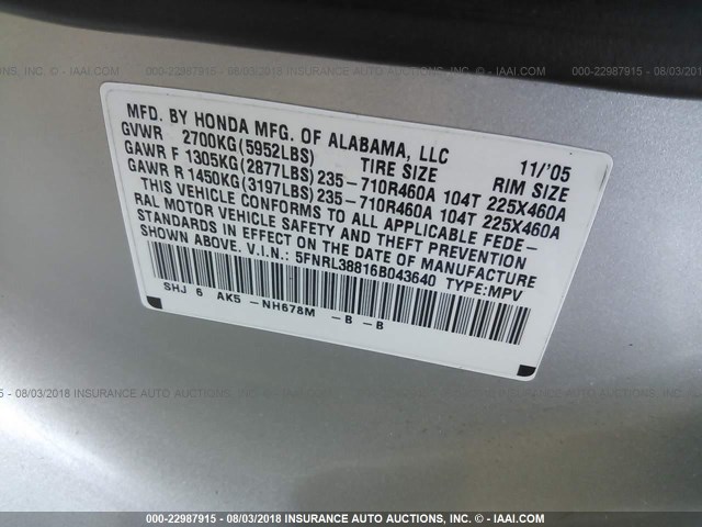 5FNRL38816B043640 - 2006 HONDA ODYSSEY TOURING SILVER photo 9