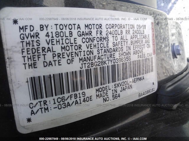 JT2BG28K7Y0396356 - 2000 TOYOTA CAMRY LE/XLE 黑色 照片 9