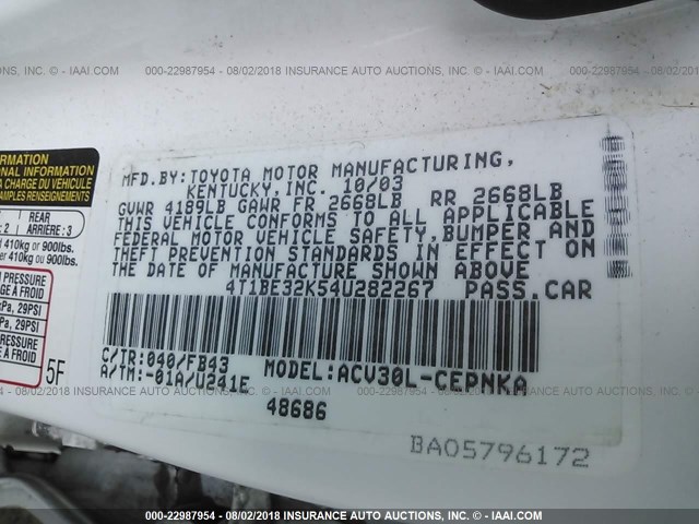 4T1BE32K54U282267 - 2004 TOYOTA CAMRY LE/XLE/SE Ağ foto 9