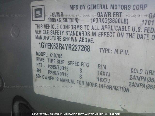 1GYEK63R4YR227268 - 2000 CADILLAC ESCALADE LUXURY ოქროსფერი ფოტო 9