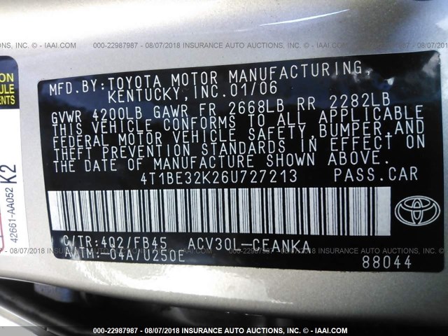 4T1BE32K26U727213 - 2006 TOYOTA CAMRY LE/XLE/SE Qızıl foto 9