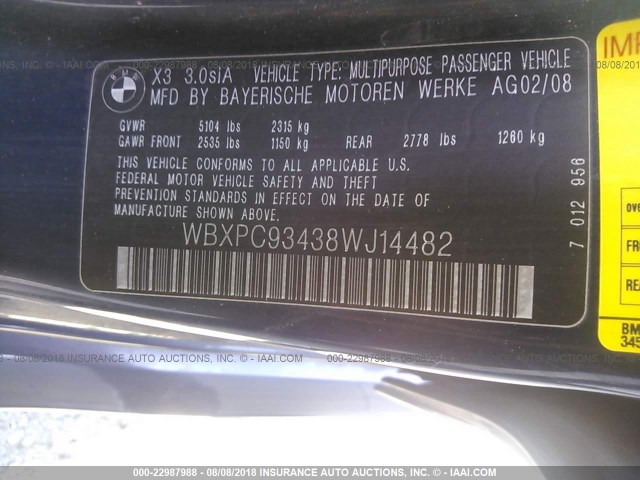 WBXPC93438WJ14482 - 2008 BMW X3 3.0SI 蓝色 照片 9