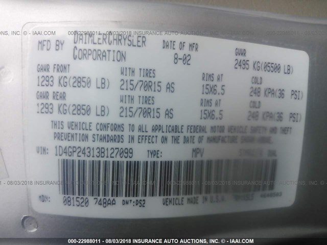 1D4GP24313B127099 - 2003 DODGE GRAND CARAVAN SE SILVER photo 9