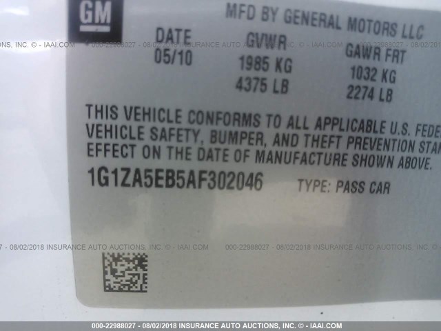 1G1ZA5EB5AF302046 - 2010 CHEVROLET MALIBU LS WHITE photo 9