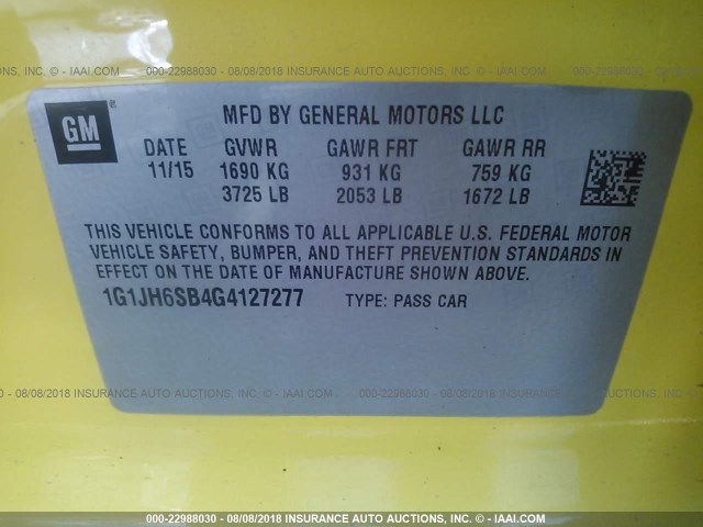 1G1JH6SB4G4127277 - 2016 CHEVROLET SONIC RS YELLOW photo 9