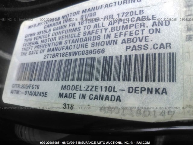 2T1BR18E8WC039566 - 1998 TOYOTA COROLLA VE/CE/LE 黑色 照片 9