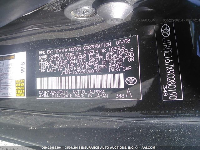 JTKDE167X90280190 - 2009 TOYOTA SCION TC 黑色 照片 9