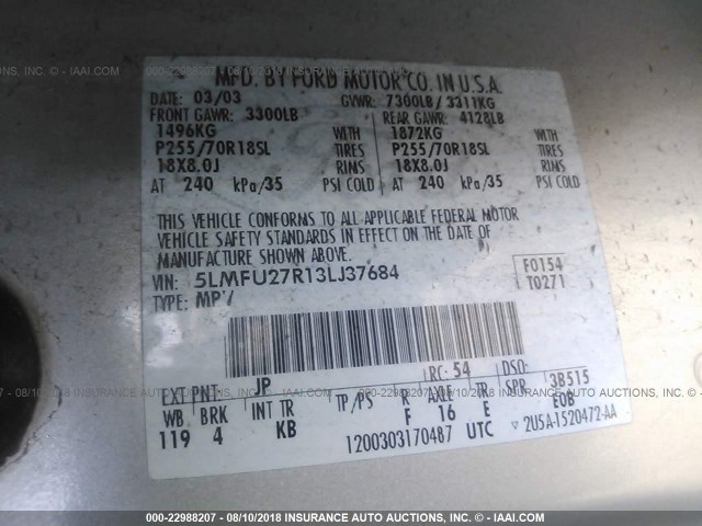 5LMFU27R13LJ37684 - 2003 LINCOLN NAVIGATOR 灰色 照片 9