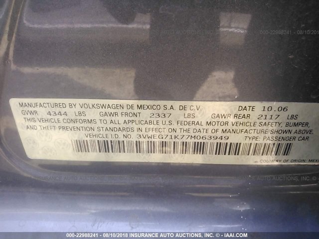 3VWEG71K77M063949 - 2007 VOLKSWAGEN JETTA WOLFSBURG 灰色 照片 9