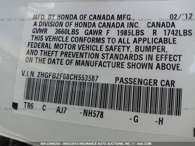 2HGFB2F68CH553587 - 2012 HONDA CIVIC HF WHITE photo 9