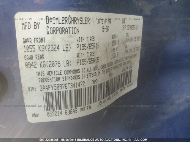 3A4FY58B76T341472 - 2006 CHRYSLER PT CRUISER TOURING BLUE photo 9