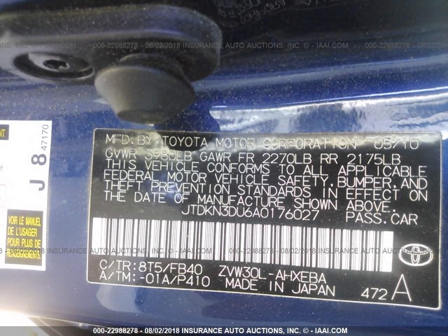 JTDKN3DU6A0176027 - 2010 TOYOTA PRIUS BLUE photo 9