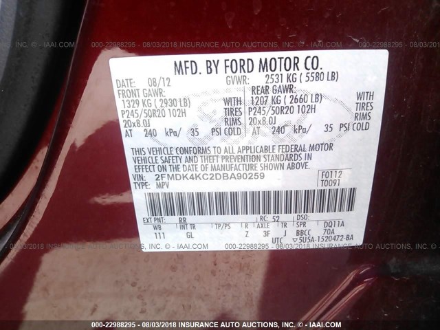 2FMDK4KC2DBA90259 - 2013 FORD EDGE LIMITED RED photo 9