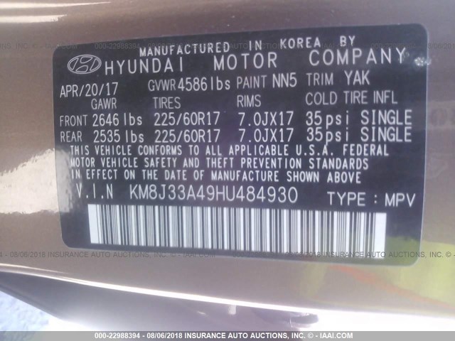 KM8J33A49HU484930 - 2017 HYUNDAI TUCSON LIMITED/SPORT AND ECO/SE BROWN photo 9