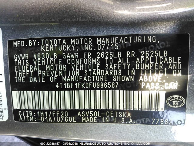 4T1BF1FK0FU986567 - 2015 TOYOTA CAMRY LE/XLE/SE/XSE 灰色 照片 9