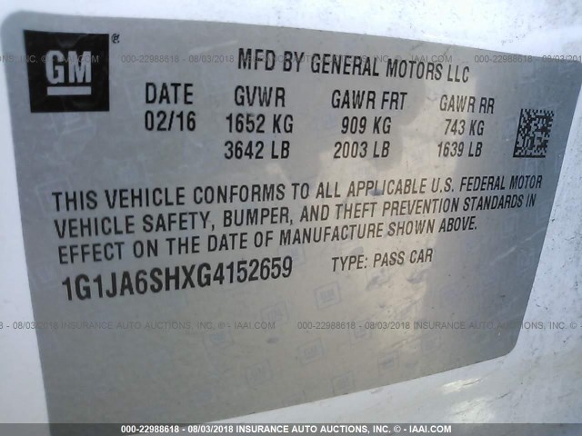 1G1JA6SHXG4152659 - 2016 CHEVROLET SONIC LS 白色 照片 9