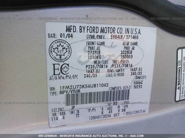 1FMZU73K54UB11042 - 2004 FORD EXPLORER XLT/XLT SPORT/NBX 银色 照片 9