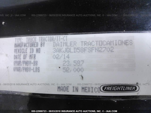 3AKJGLD58FSFN2702 - 2015 FREIGHTLINER CASCADIA 125  BLACK photo 10