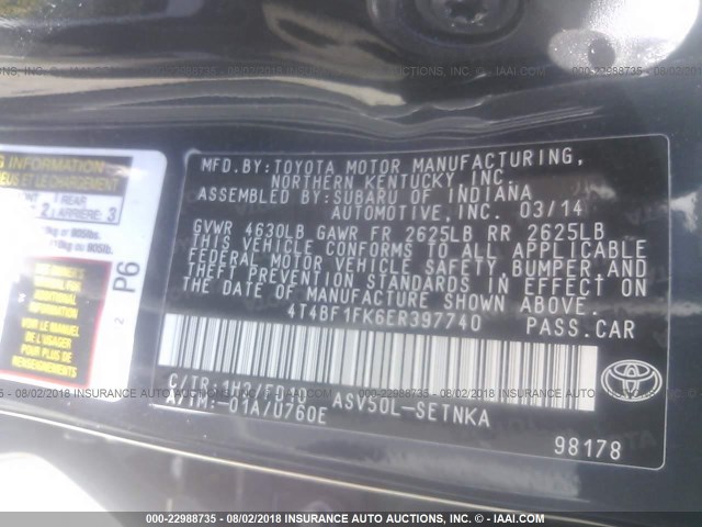 4T4BF1FK6ER397740 - 2014 TOYOTA CAMRY L/SE/LE/XLE მუქი ლურჯი ფოტო 9