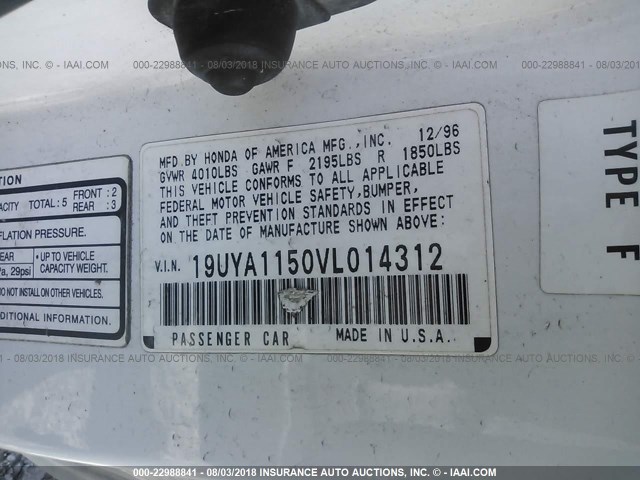 19UYA1150VL014312 - 1997 ACURA 2.2CL WHITE photo 9