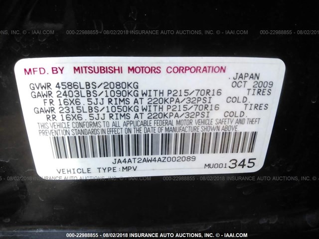 JA4AT2AW4AZ002089 - 2010 MITSUBISHI OUTLANDER ES შავი ფოტო 9