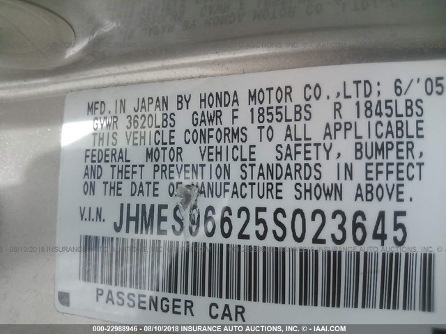 JHMES96625S023645 - 2005 HONDA CIVIC HYBRID BEIGE photo 9