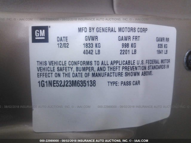 1G1NE52J23M635138 - 2003 CHEVROLET MALIBU LS 金色 照片 9