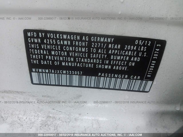 WVWNM7AJXCW333057 - 2012 VOLKSWAGEN GOLF WHITE photo 9