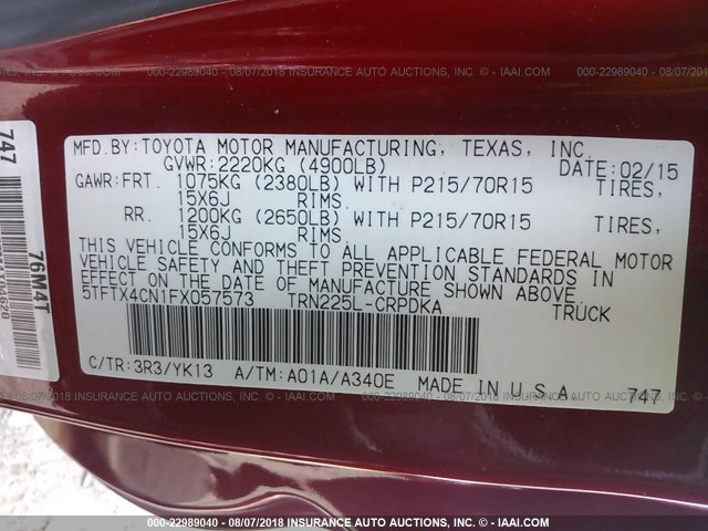 5TFTX4CN1FX057573 - 2015 TOYOTA TACOMA ACCESS CAB RED photo 9