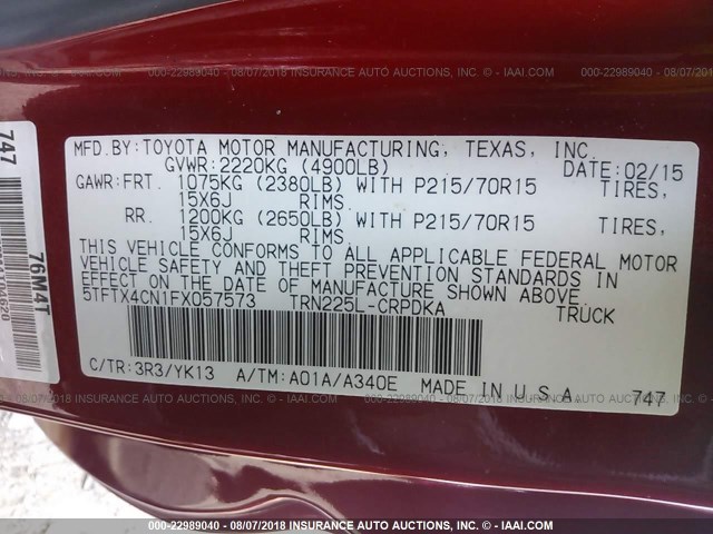 5TFTX4CN1FX057573 - 2015 TOYOTA TACOMA ACCESS CAB Rot Foto 9