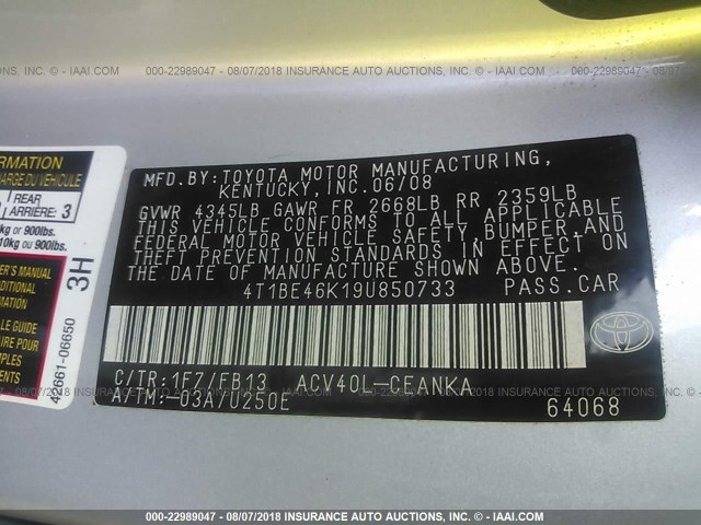 4T1BE46K19U850733 - 2009 TOYOTA CAMRY SE/LE/XLE ვერცხლისფერი ფოტო 9