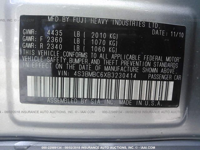 4S3BMBC6XB3230414 - 2011 SUBARU LEGACY 2.5I PREMIUM SILVER photo 9