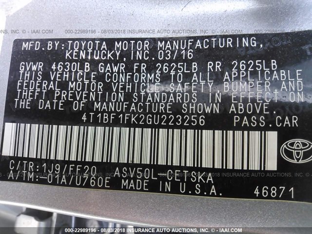 4T1BF1FK2GU223256 - 2016 TOYOTA CAMRY LE/XLE/SE/XSE 银色 照片 9