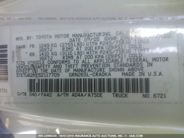 5TETU62N95Z117709 - 2005 TOYOTA TACOMA PRERUNNER ACCESS CAB WHITE photo 9