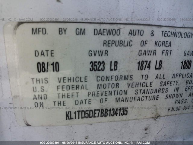 KL1TD5DE7BB134135 - 2011 CHEVROLET AVEO LS/LT 白色 照片 9