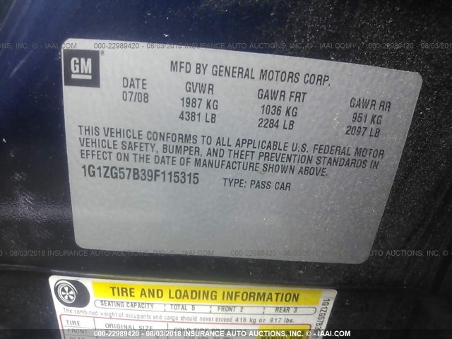 1G1ZG57B39F115315 - 2009 CHEVROLET MALIBU LS Mavi foto 9