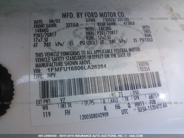 1FMFU16506LA26284 - 2006 FORD EXPEDITION XLT WHITE photo 9