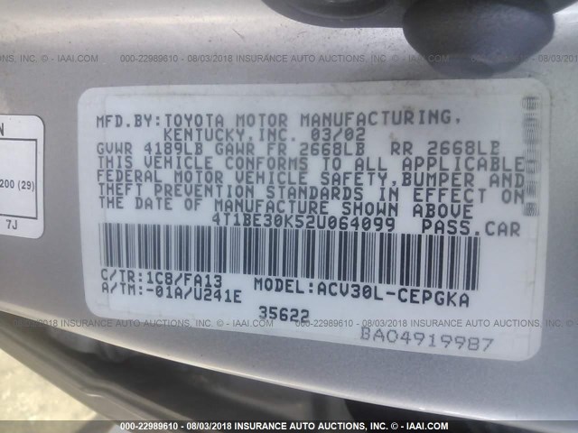 4T1BE30K52U064099 - 2002 TOYOTA CAMRY LE/XLE/SE Gümüş foto 9